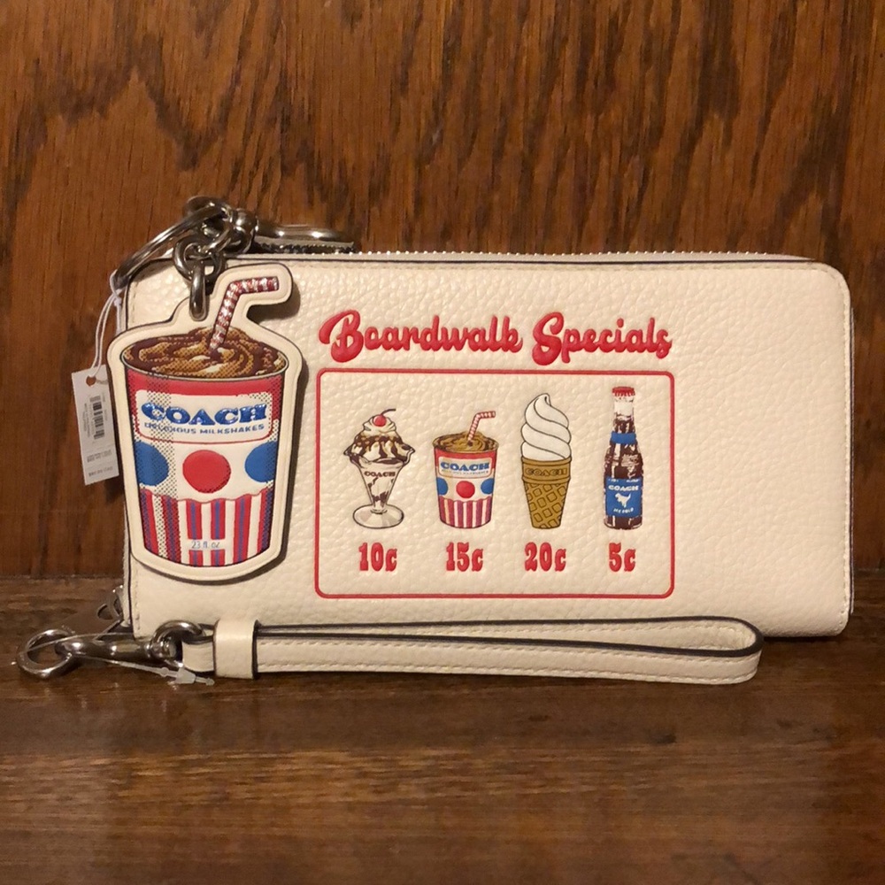 NWT-Coach-SET-Boardwalk Print-Lg Zip Wallet & Milkshake Keychain/Bag Charm-$436